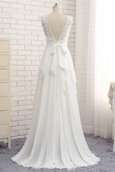 Affordable Jewel White Chiffon Ruffle Wedding Dress Sleeveless Appliques Bridal Gowns with Beadings-27dress